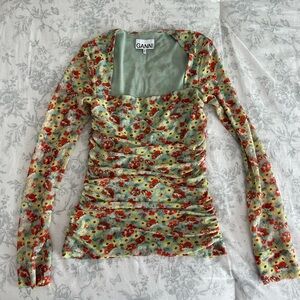 Ganni Floral Print Mesh Top